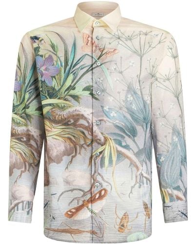 Etro Botanical-print Cotton Shirt - Grey