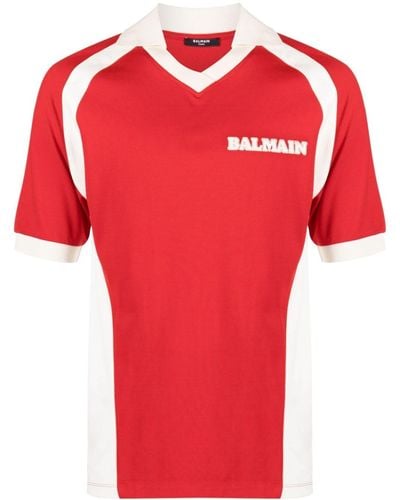 Balmain Retro Logo-knit Polo Shirt - Red