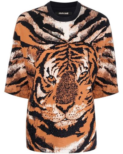 Roberto Cavalli Embellished Tiger-print Top - Orange