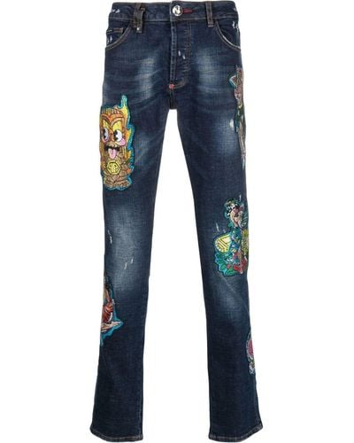 Philipp Plein Jeans con applicazione Super Straight Hawaii - Blu