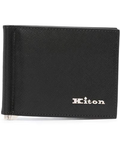 Kiton Leather Folding Card Holder With Logo - Black