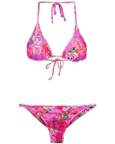 Amir Slama Rose Print Triangle Bikini Set - Pink