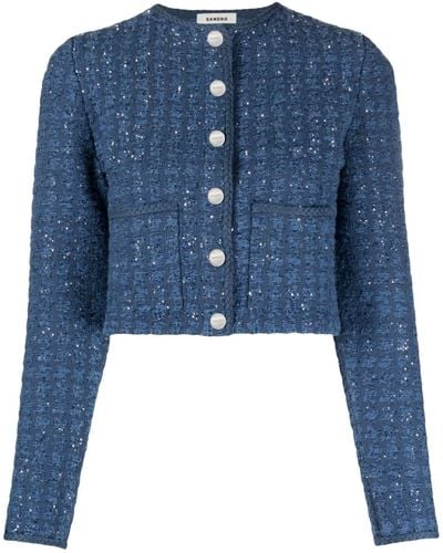 Sandro Sequin-embellished Cropped Tweed Jacket - Blue