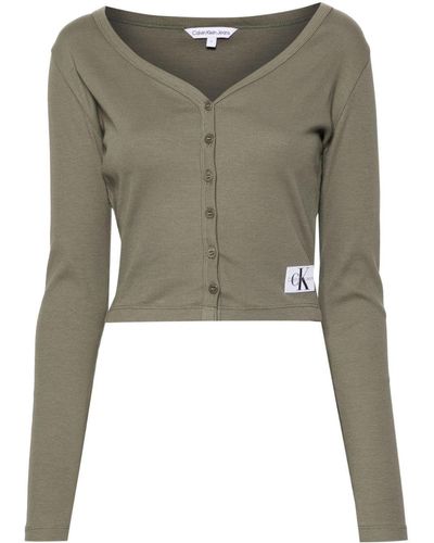Calvin Klein Fein gerippte Bluse mit Knöpfen - Grün