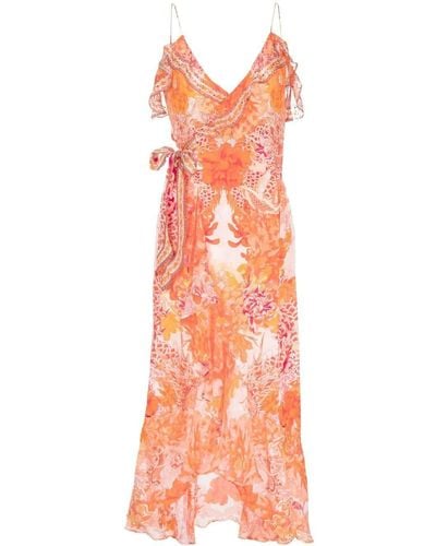 Camilla フローラル シルクラップドレス - オレンジ