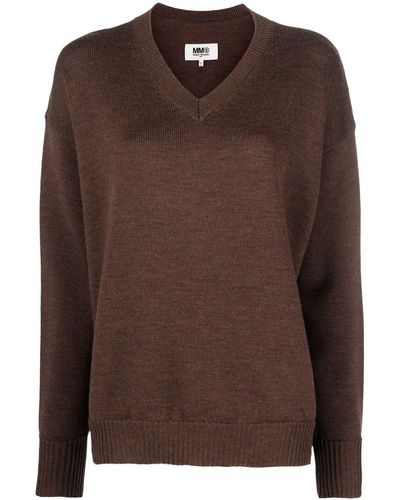 MM6 by Maison Martin Margiela V-neck Logo-intarsia Sweater - Women's - Virgin Wool/polyamide - Brown