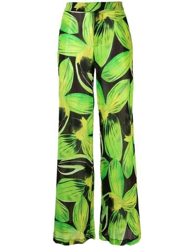 Louisa Ballou Leaves-pattern Wide-leg Pants - Green