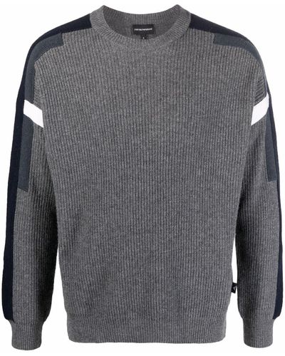 Emporio Armani Striped Ribbed Crewneck Sweater - Gray