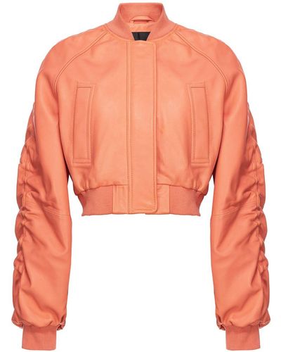 Pinko Cropped Leather Bomber Jacket - Orange