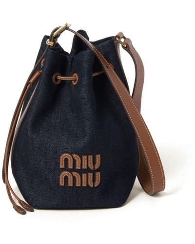 Miu Miu Logo-lettering Denim Bucket Bag - Blue