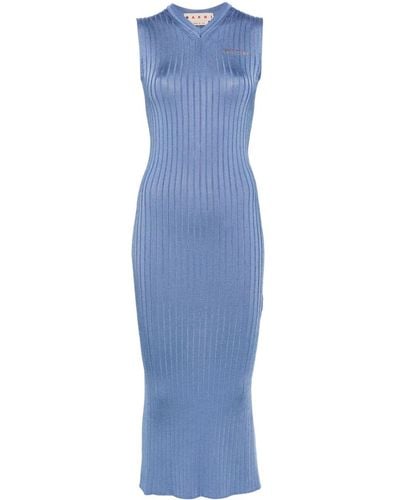 Marni Logo-jacquard Ribbed-knit Maxi Dress - ブルー