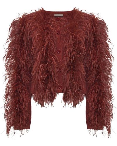 12 STOREEZ Feather-trim Ribbed Cardigan - Red
