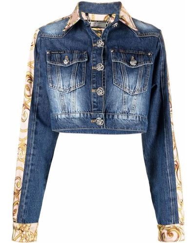 Philipp Plein Baroque-print Cropped Denim Jacket - Blue