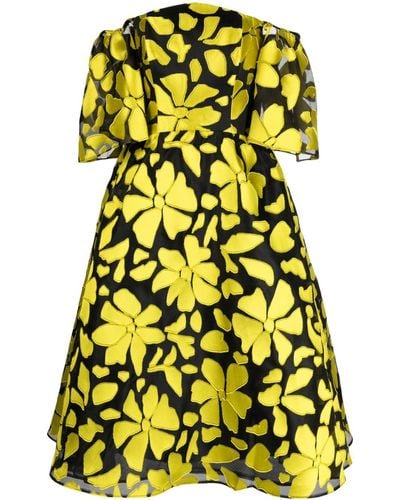 Amsale Floral-appliqué Strapless Midi Dress - Yellow