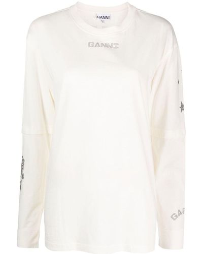 Ganni Logo-print Long-sleeve T-shirt - White
