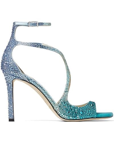 Jimmy Choo Azia 95 Sandal In Peacock With Crystals - Blue