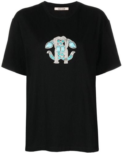 Roberto Cavalli T-shirt stretch à logo strassé - Noir