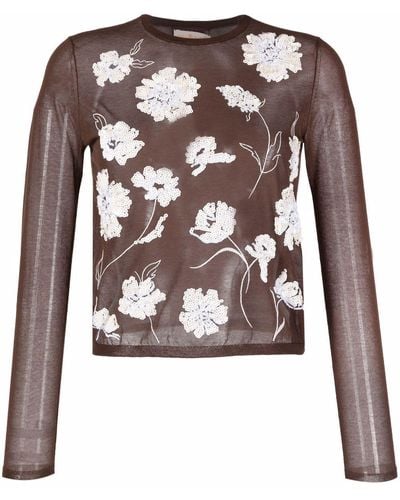 Tory Burch Floral-embroidered Knitted Top - Brown