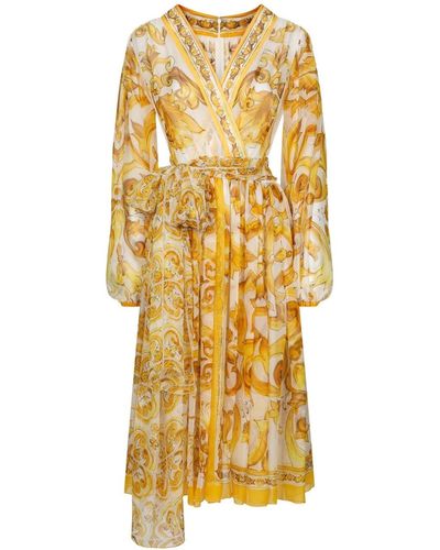 Dolce & Gabbana Majolica Silk Wrap Midi Dress - Metallic