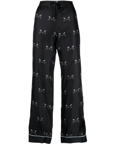 Macgraw Cat-print Silk-satin Wide-leg Pants - Black