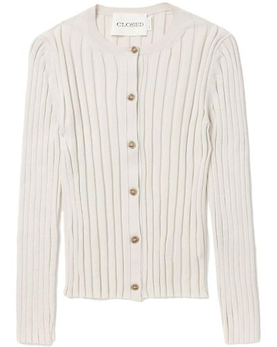 Closed Button-up Fine-ribbed Cardigan - White