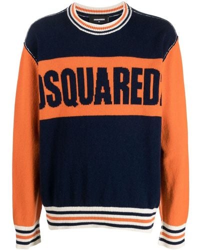 DSquared² College Intarsia-knit Logo Crew-neck Sweater - Blue