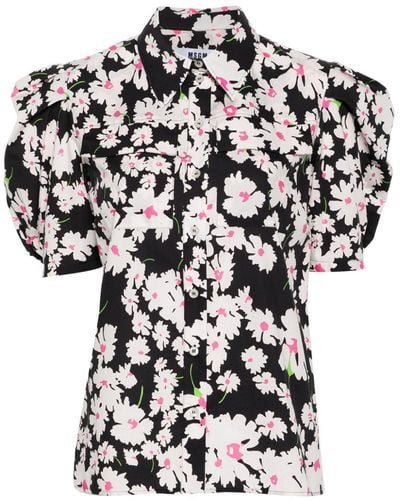 MSGM Floral-print Cotton Shirt - Black