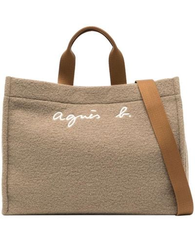 agnès b. Logo-embroidered Wool Tote Bag - Brown