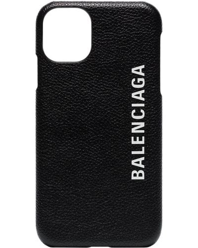 Balenciaga Logo Print Iphone 11 Leather Case - Black