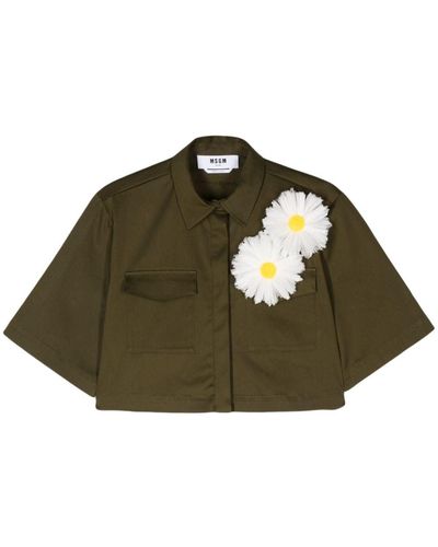 MSGM Seidenhemd mit Blumenapplikation - Grün