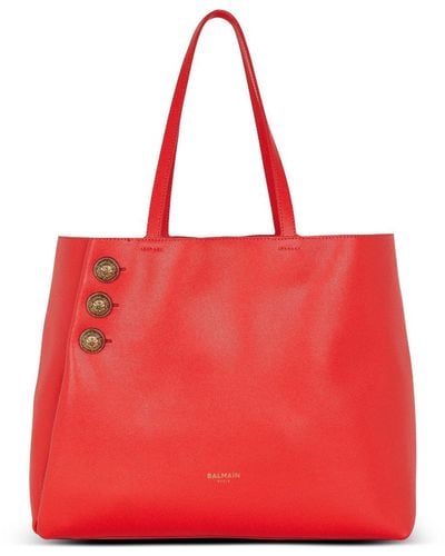 Balmain Emblème Leather Tote Bag - Red
