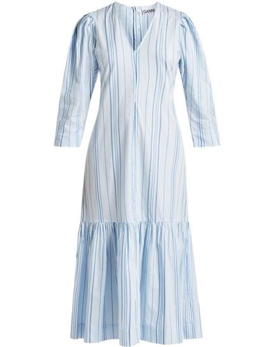 Ganni Striped V-neck Tiered Maxi Dress - Blue