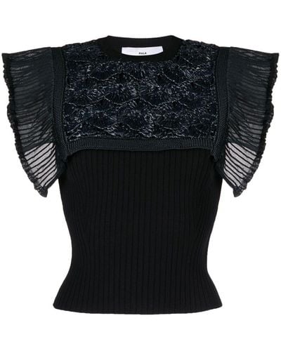 Toga Floral-embroidered Ruffle-cuff Top - Black