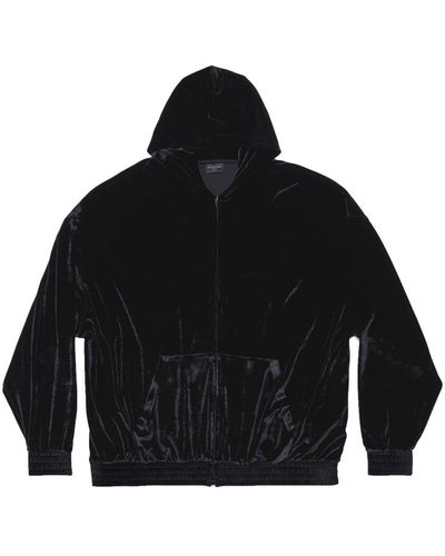 Balenciaga Logo-embellished Velvet Zip-up Hoodie - Black