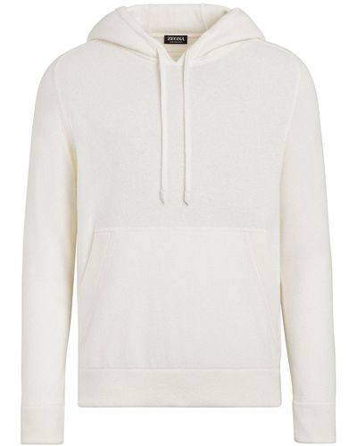 Zegna Drawstring Knitted Cashmere Hoodie - White