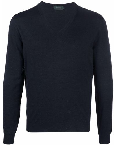 Zanone V-neck Fine-knit Sweater - Blue