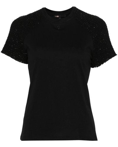 Maje Tweed Sleeve Logo-plaque T-shirt - Black