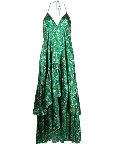 L'Autre Chose Floral-print Tiered Silk Dress - Green