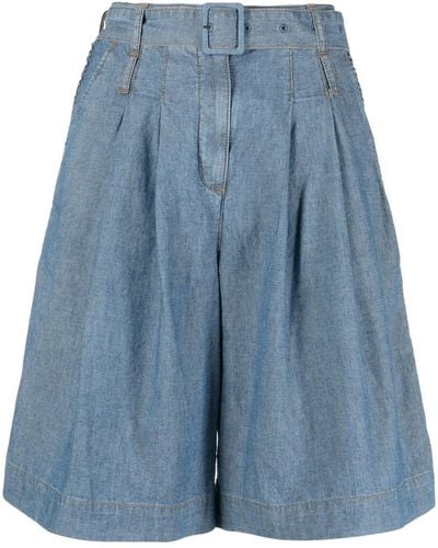 Ports 1961 Short en jean ceinturé à plis - Bleu