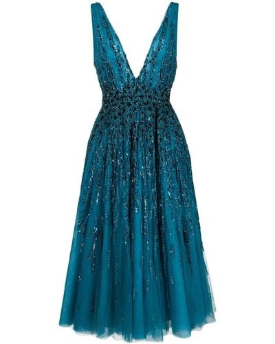 Saiid Kobeisy Sequin-embellished Tulle-overlay Flared Dress - Blue