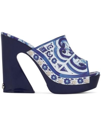 Dolce & Gabbana Brigitte Shiny Printed Platform Clogs - Blue