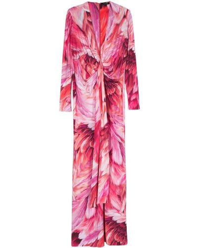 Roberto Cavalli Feather-print Ruched Maxi Dress - Pink