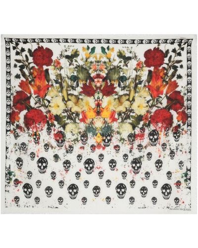 Alexander McQueen Neutral Skull Floral-print Wool Scarf - Natural