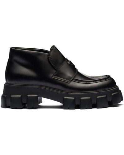 Prada Monolith Flatform Logo-embellished Brushed Leather Loafers - Black