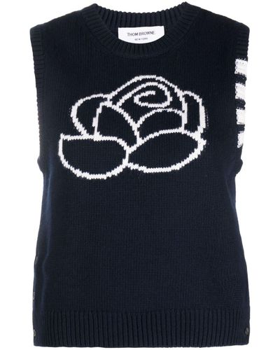 Thom Browne Floral-intarsia Sleeveless Knitted Top - Blue
