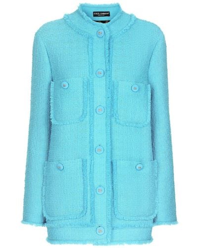 Dolce & Gabbana Round-Neck Buttoned Tweed Jacket - Blue
