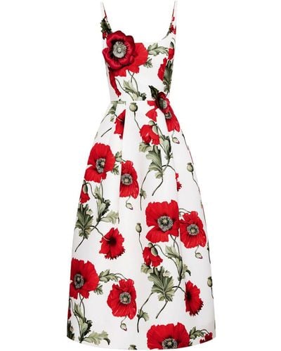 Oscar de la Renta Poppy-print Midi Dress - Red