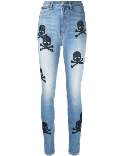 Philipp Plein Skull-patches High-waisted Skinny Jeans - Blue