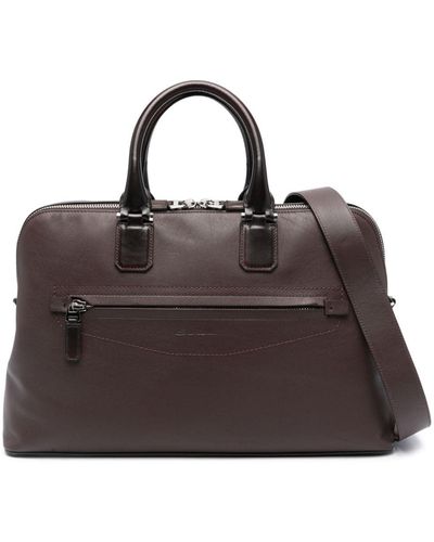 Santoni Logo-debossed Leather Laptop Bag - Brown