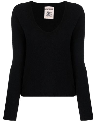 Semicouture Brushed U-neck Knitted Top - Black